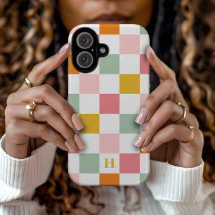 Boho Multicolor Checkerboard Monogram iPhone 16 Hülle