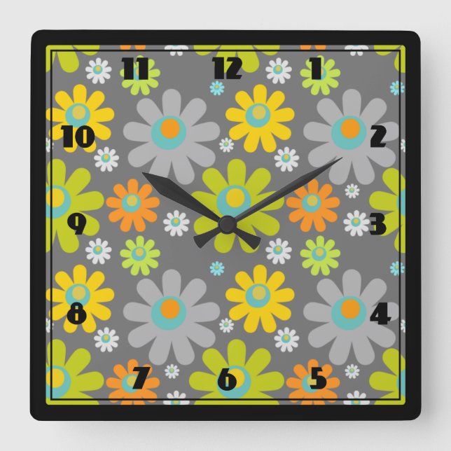 Boho Multicolor Daisies on gray Quadratische Wanduhr (Vorderseite)