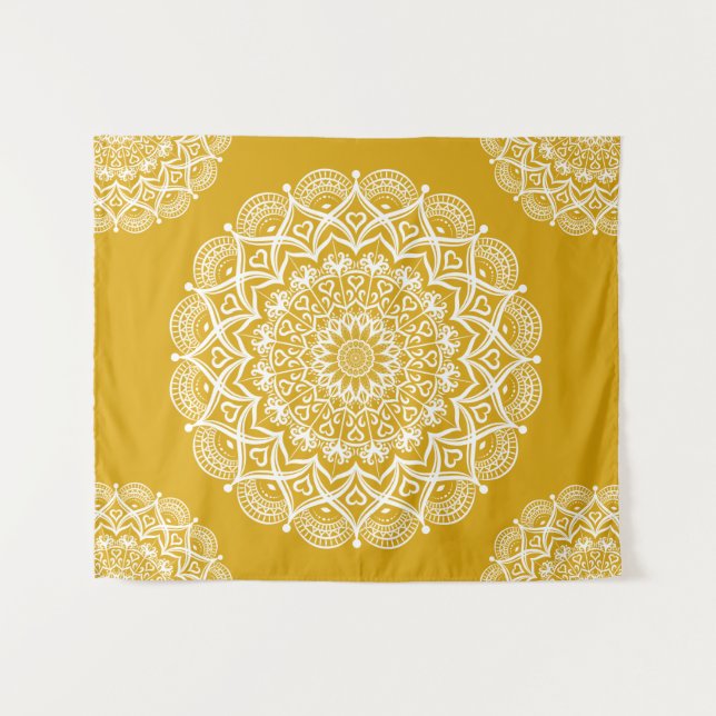 Boho Mustard Yellow Mandala Wandteppich (Vorderseite (Horizontal))