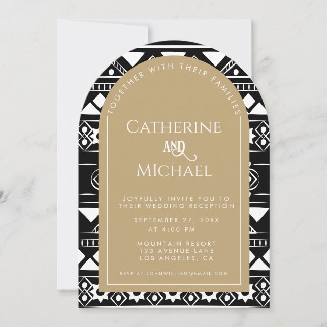 Boho Muster Foto Arch Gold Hochzeitsempfang Einladung (Vorderseite)