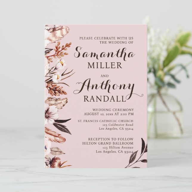 Boho Mute Wasserfarben Blume Einladung Hochzeit (Stehend Vorderseite)