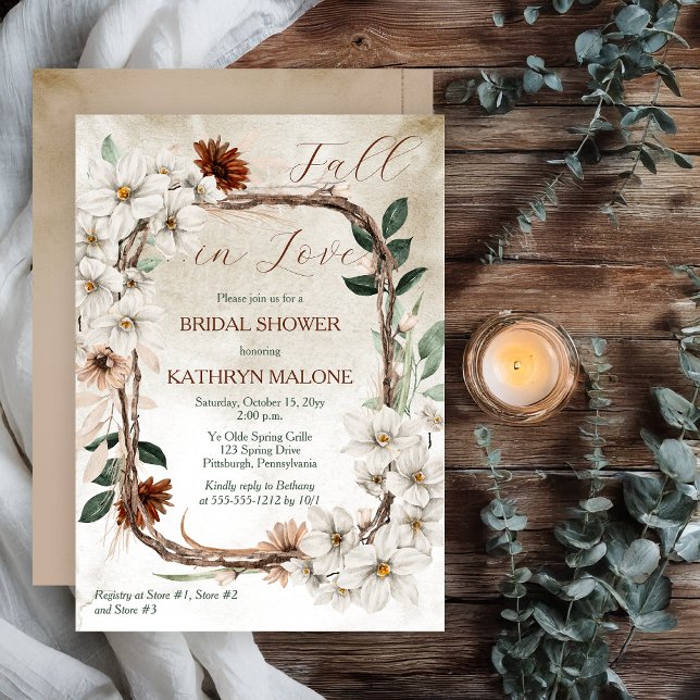 Boho Mutes Fall Blumenfall in Liebe Brautparty Einladung (Boho Muted Fall Floral and Grapevine Wreath "Fall in Love" Bridal Shower Invitation -Print | Digital)