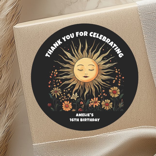 Boho Mystical Sun Birthday Runder Aufkleber (Von Creator hochgeladen)