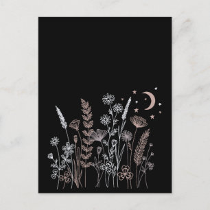 Boho-Nacht-Himmels-Blumenillustration – Mond, Ster Postkarte