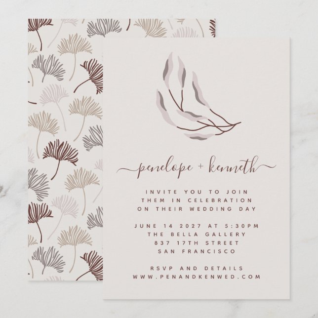 Boho Nature Burgundy und Taupe Botanische Hochzeit Einladung (Vorne/Hinten)