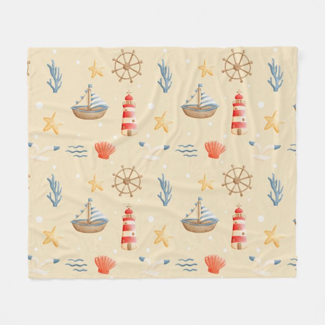 Boho Nautical Boat Lighthouse Muster Fleecedecke (Vorderseite (Horizontal))