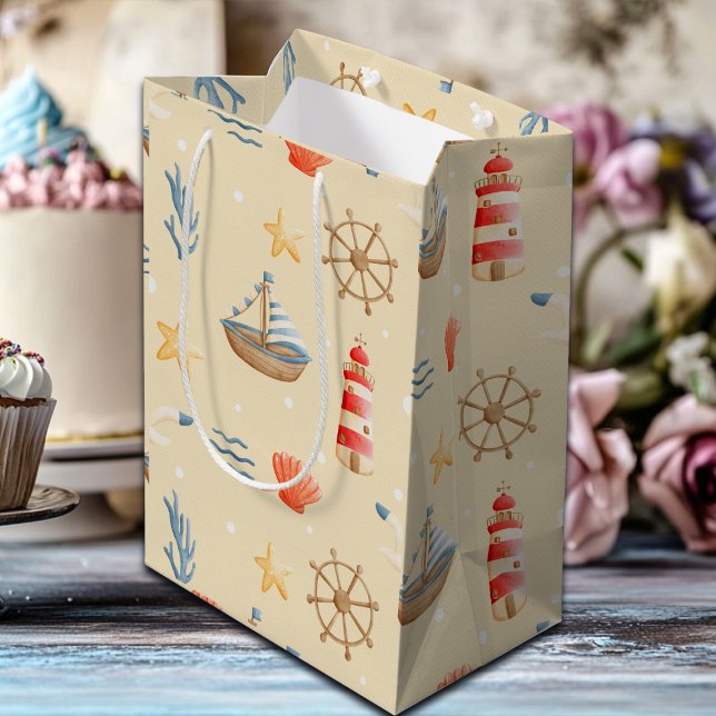 Boho Nautical Boat Lighthouse Muster Mittlere Geschenktüte (Von Creator hochgeladen)