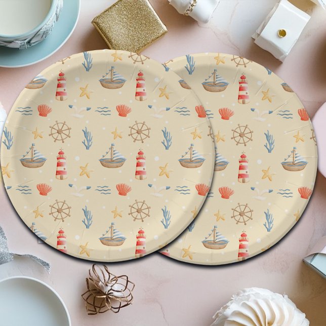 Boho Nautical Boat Lighthouse Muster Pappteller (Von Creator hochgeladen)