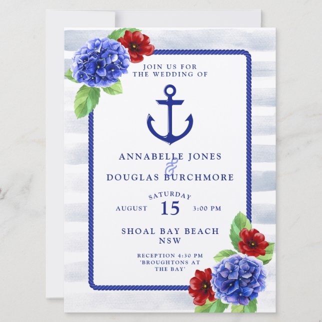 Boho Nautical White Floral Watercolor Wedding Einladung (Vorderseite)