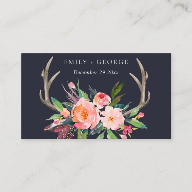 BOHO NAVY BARN BLUSH ANTLER FLORAL WEDSITE VISITENKARTE (Vorderseite)
