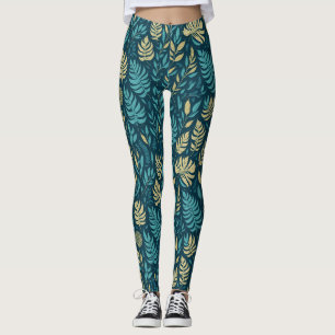 Boho Navy Blau Gelbe Botanische Blätter Grün Leggings