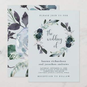 Boho Navy Bloral Wreath auf Grau  Hochzeit Einladung