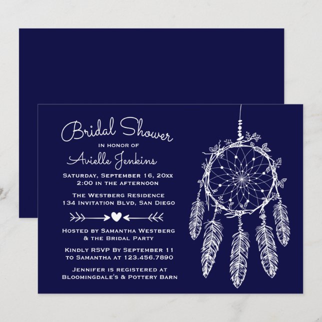 Boho Navy Blue Brautparty Dream Catcher Tribal Einladung (Vorne/Hinten)