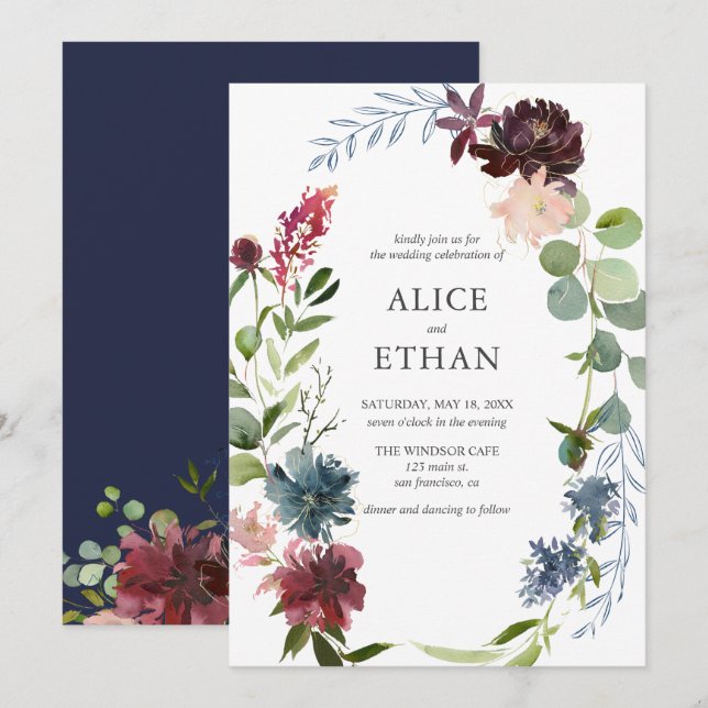 Boho Navy Blue Burgundy Blume Hochzeit Einladung (Vorne/Hinten)