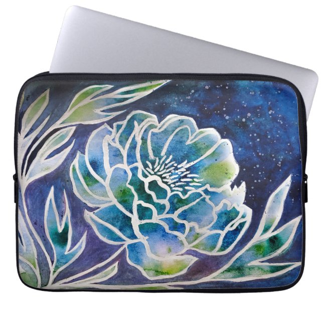 Boho Navy Blue Celestial Dahlia Floral Watercolor Laptopschutzhülle (Vorderseite)