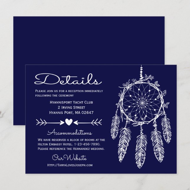 Boho Navy Blue Details Dreamcatcher Tribal Hochzei Einladung (Vorne/Hinten)