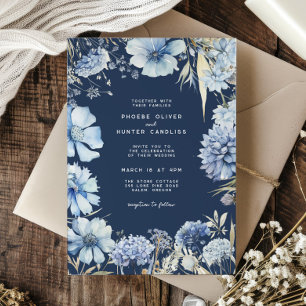 Boho Navy Blue Gold Wildblumen Botanische Hochzeit Einladung
