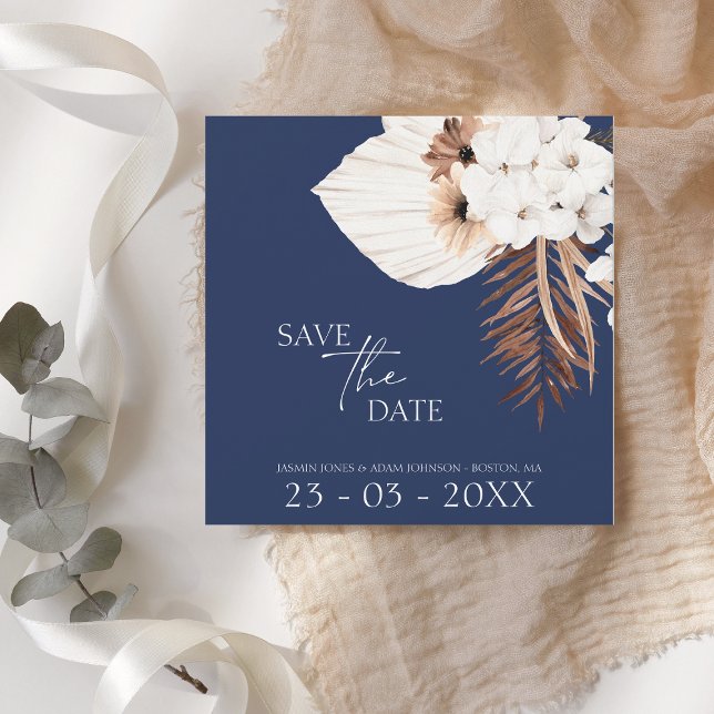 Boho Navy Blue Pampas Grass Wedding Save The Date (Von Creator hochgeladen)