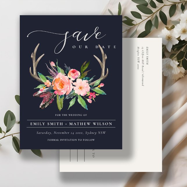 BOHO NAVY BLUSH ANTLER FLORA LAND SAVE THE DATE ANKÜNDIGUNGSPOSTKARTE (Von Creator hochgeladen)