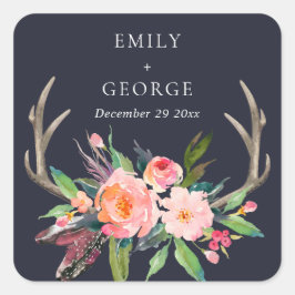 BOHO NAVY BLUSH ANTLER FLORAL LANDWEDDING QUADRATISCHER AUFKLEBER