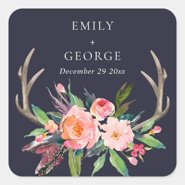 BOHO NAVY BLUSH ANTLER FLORAL LANDWEDDING QUADRATISCHER AUFKLEBER (Vorderseite)