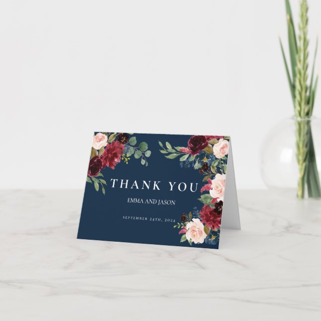Boho Navy Burgundy Blush Wedding Dankeschön Karte (Vorderseite)