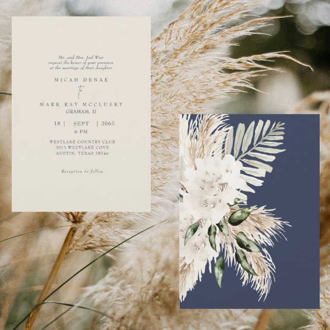 Boho Navy & Cream Pampas Wedding Einladung (Von Creator hochgeladen)