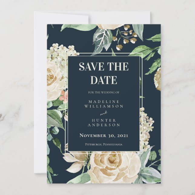 Boho Navy & Ivory Rose Elegant Save the Date Einladung (Vorderseite)