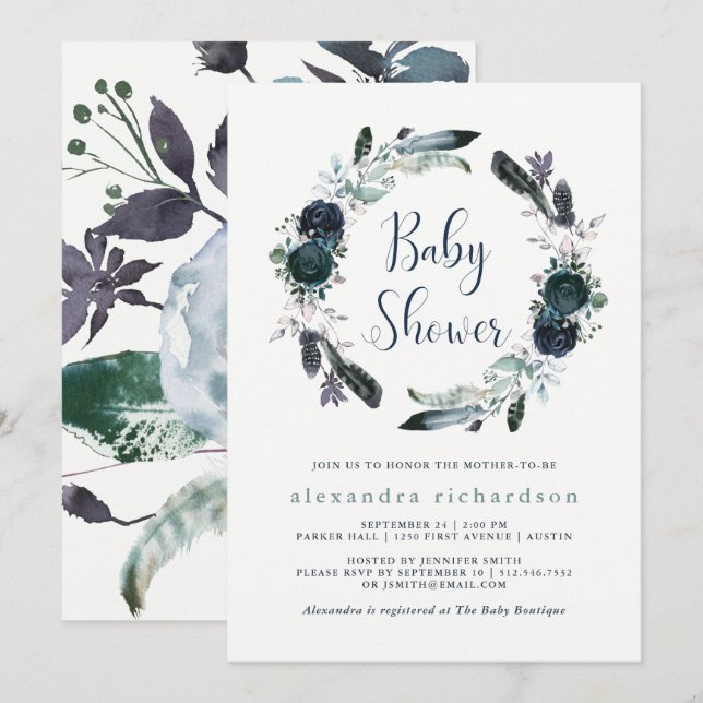Boho Navy Peony Floral Wreath Baby Dusche Einladung (Vorne/Hinten)