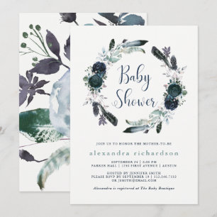 Boho Navy Peony Floral Wreath Baby Dusche Einladung