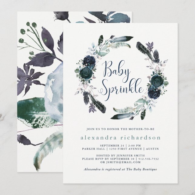 Boho Navy Peony Floral Wreath Baby Sprinkle Einladung (Vorne/Hinten)