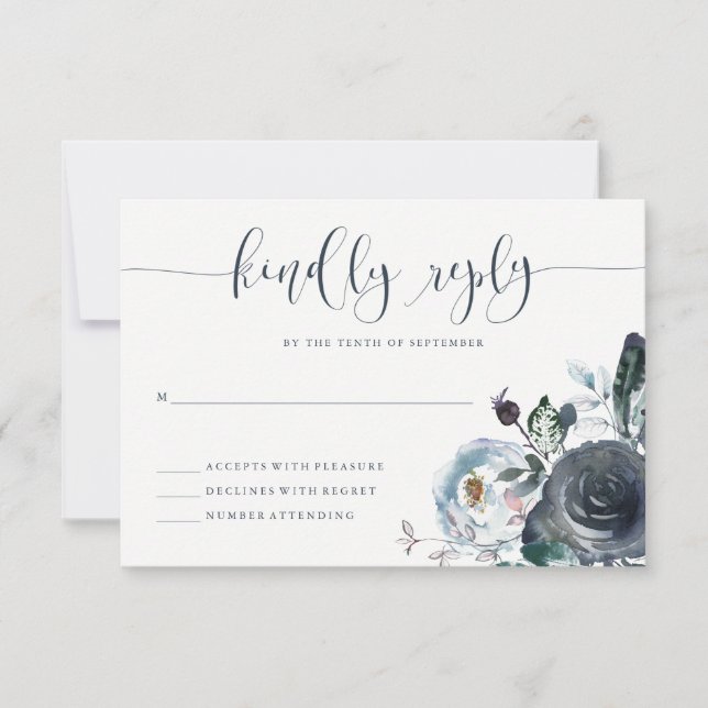 Boho Navy Peony RSVP | Calligraphie moderne (Devant)