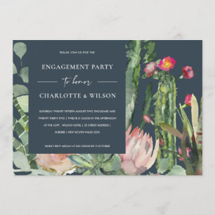 BOHO NAVY PINK FLORAL CACTUS FOLIAGE VERLOBUNG EINLADUNG