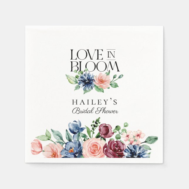 Boho Navy Pink Floral Liebe in Bloom Brautparty Serviette (Vorderseite)
