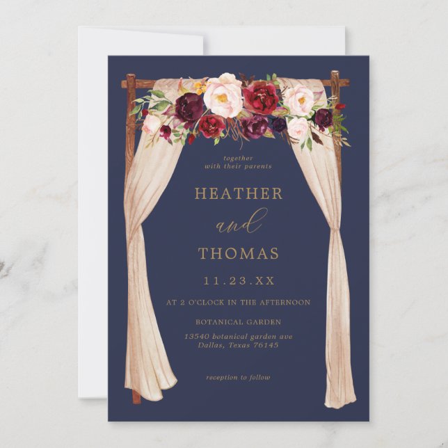 Boho Navy und Burgund Floral Wedding Einladung (Vorderseite)