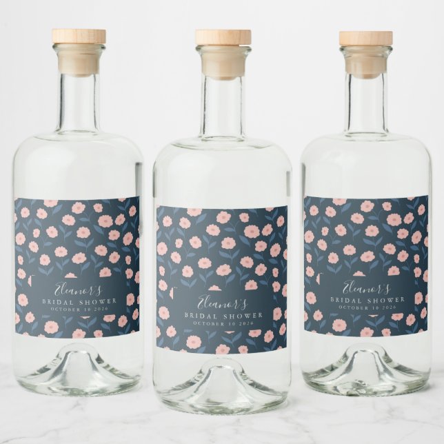Boho Navy und Pink Floral Custom Brautparty Alkoholflaschenetikett (Flaschen)