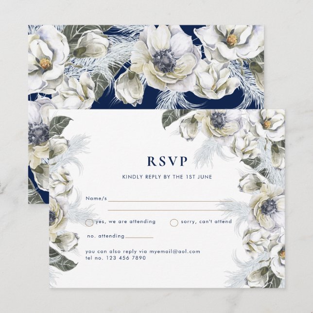BOHO Navy White Floral Pampas Grass Wedding Postkarte (Vorne/Hinten)