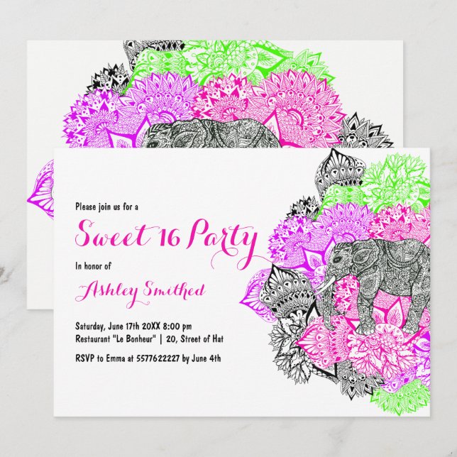 Boho Neon Rosa Blumenmandala Elefant Sweet 16 Einladung (Vorne/Hinten)