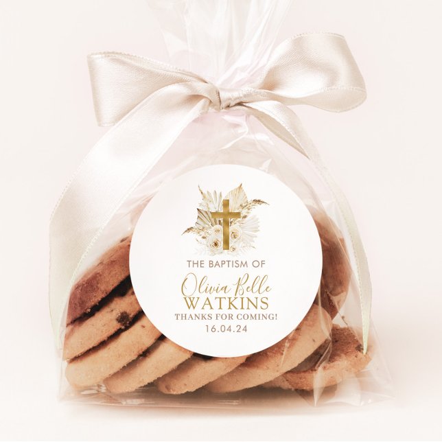 Boho Neutral Dried Palm Floral Taufe Christening Runder Aufkleber (Matching items available)