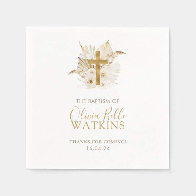 Boho Neutral Dried Palm Floral Taufe Christening Serviette (Vorderseite)