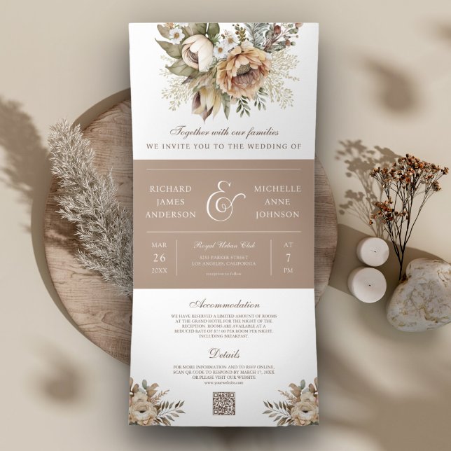 Boho Neutral Earthy Floral Taupe QR Code Hochzeit Dreifach Gefaltete Einladung (Von Creator hochgeladen)