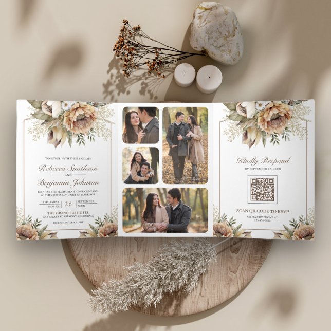 Boho Neutral Earthy Floral Taupe QR Code Hochzeit Dreifach Gefaltete Einladung (Von Creator hochgeladen)