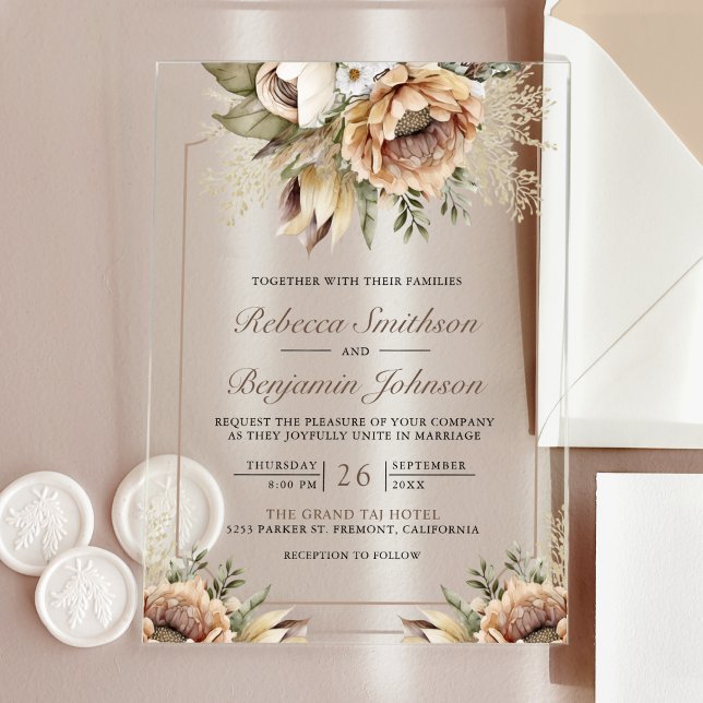 Boho Neutral Earthy Floral Taupe Wedding Acryleinladungen (Von Creator hochgeladen)