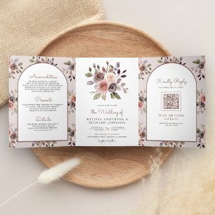 Boho-Neutral-Erdige-Taupe-Blumen-QR-Code-Hochzeit Dreifach Gefaltete Einladung