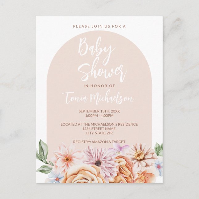 Boho Neutral Floral Baby Shower Postkarte (Vorderseite)