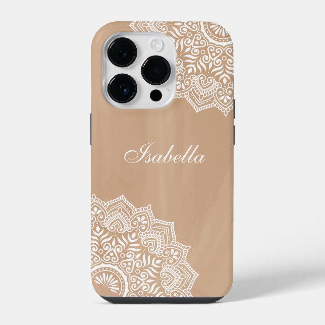 Boho Neutral Mandala Individuelle Name iPhone 14 Pro Hülle (Rückseite)