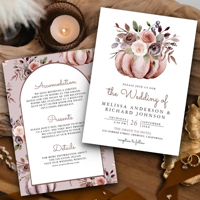 Boho Neutral Pumpkin Floral All in One Wedding Einladung (Von Creator hochgeladen)