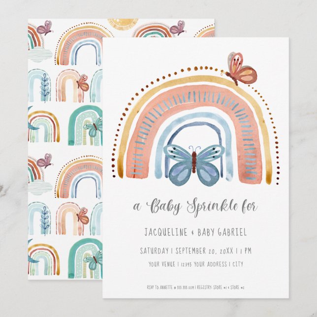 Boho Neutral Rainbow Peach Dusty Blue Butterfly Einladung (Vorne/Hinten)