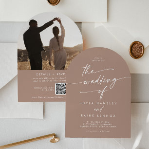 Boho Neutral Taupe Foto QR Code Arch Wedding Einladung