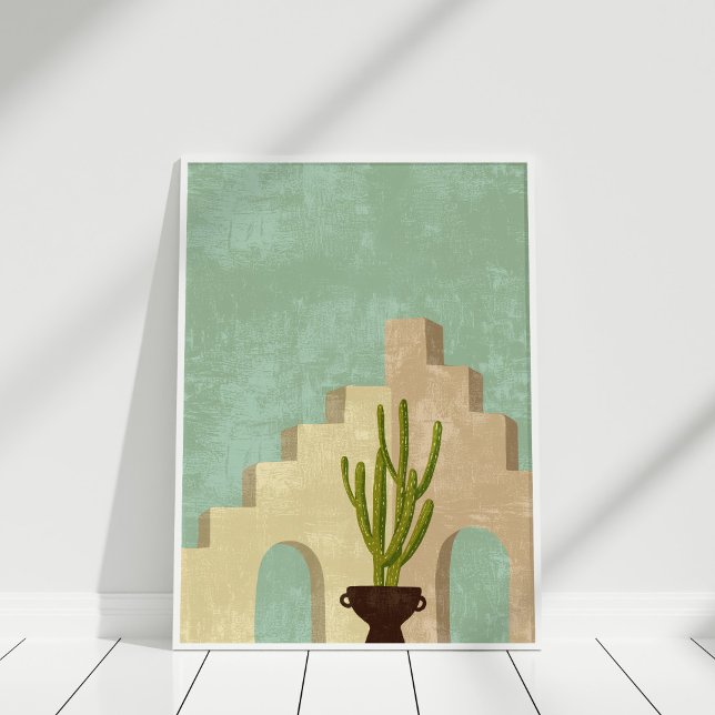 Boho Neutral und Aquamarine Abstrakte Illustration Poster (Boho Neutral and Teal Abstract Illustration Art Poster in white frame against white wall.)